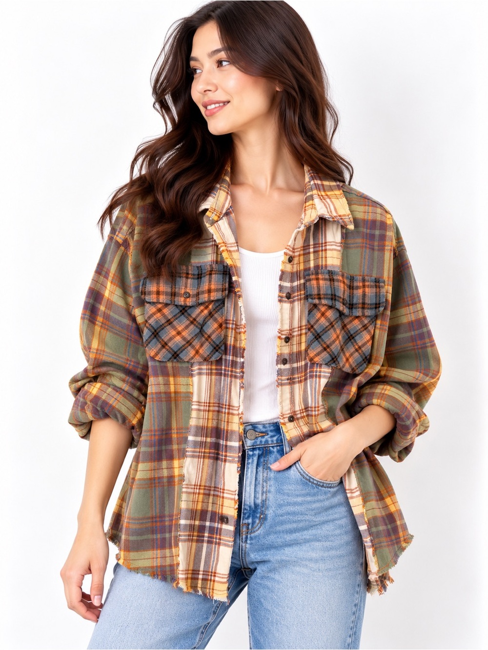 Easel Olive Multi Plaid Button-Front Shacket